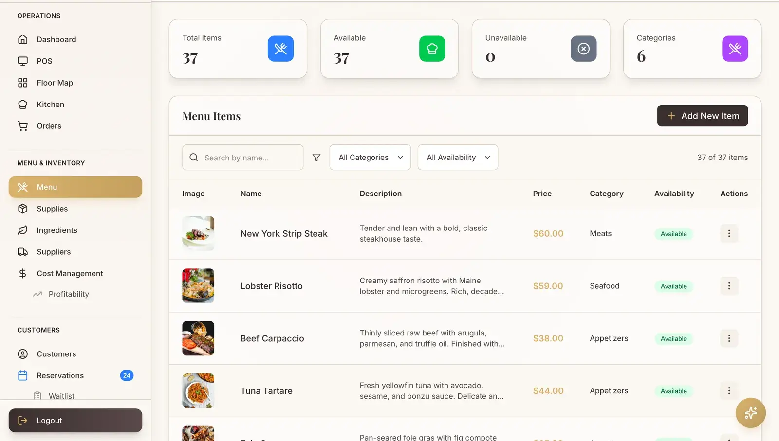MENU MANAGEMENT — screen from the flagship restaurant management platform