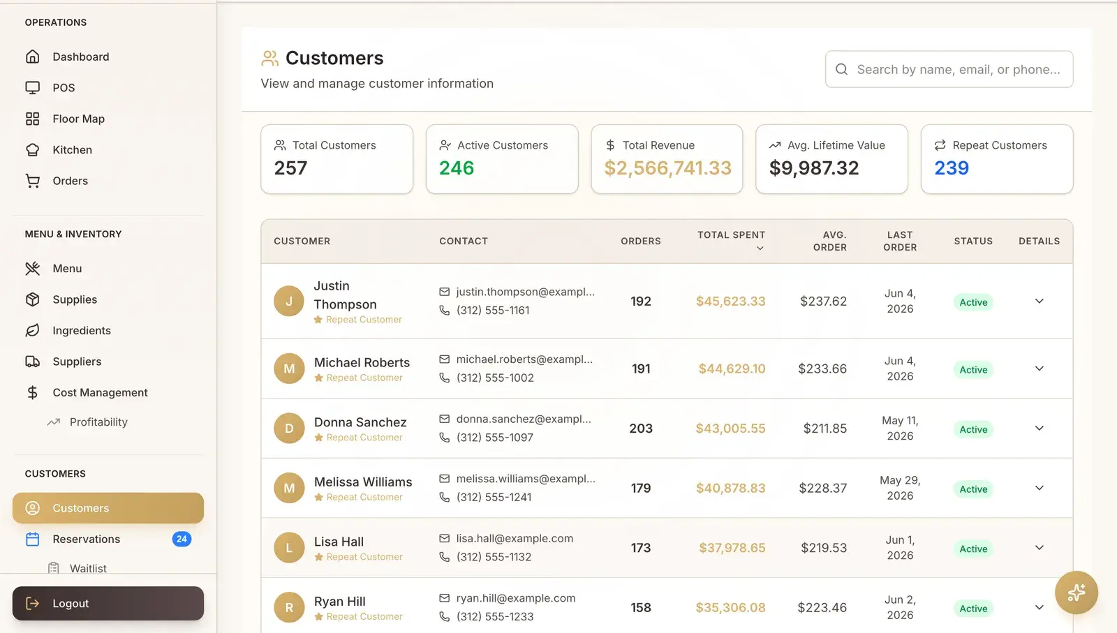 CUSTOMER CRM — screen from the flagship restaurant management platform